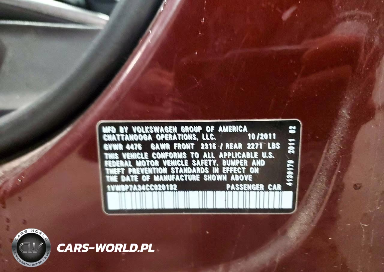 2012 Volkswagen Passat VIN:1VWBP7A34CC020192 - 12