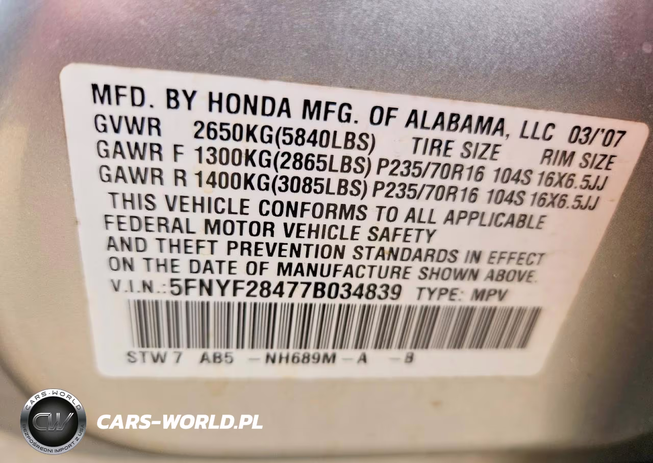 2007 Honda Pilot Ex VIN:5FNYF28477B034839 - 13