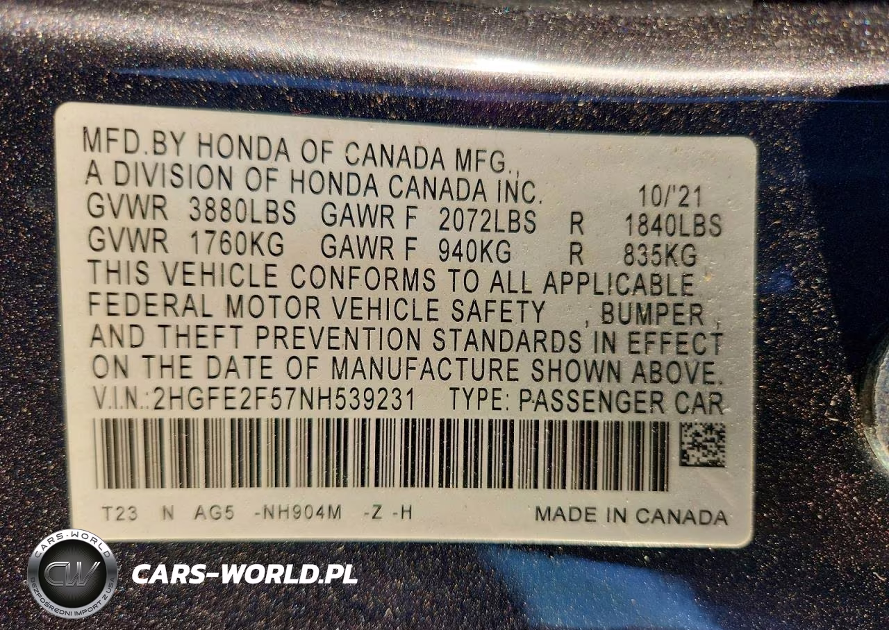 2022 Honda Civic Sport VIN:2HGFE2F57NH539231 - 12