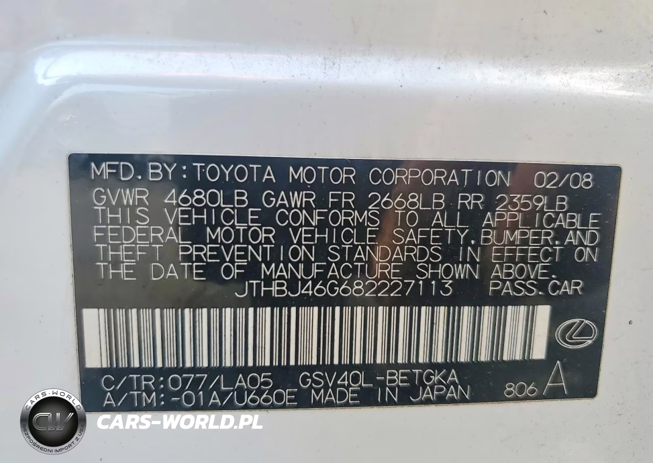 2008 Lexus Es 350 VIN:JTHBJ46G682227113 - 12
