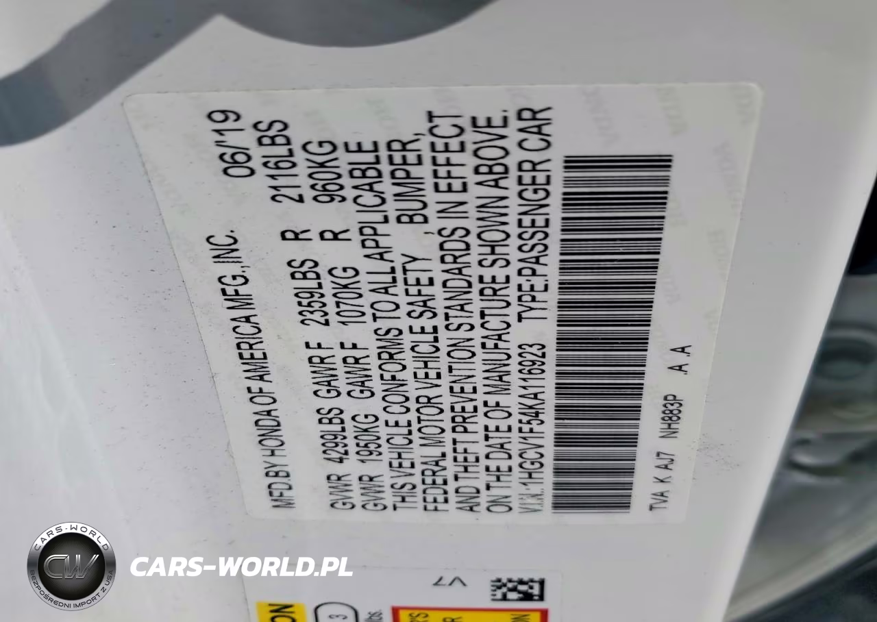 2019 Honda Accord Exl VIN:1HGCV1F54KA116923 - 12