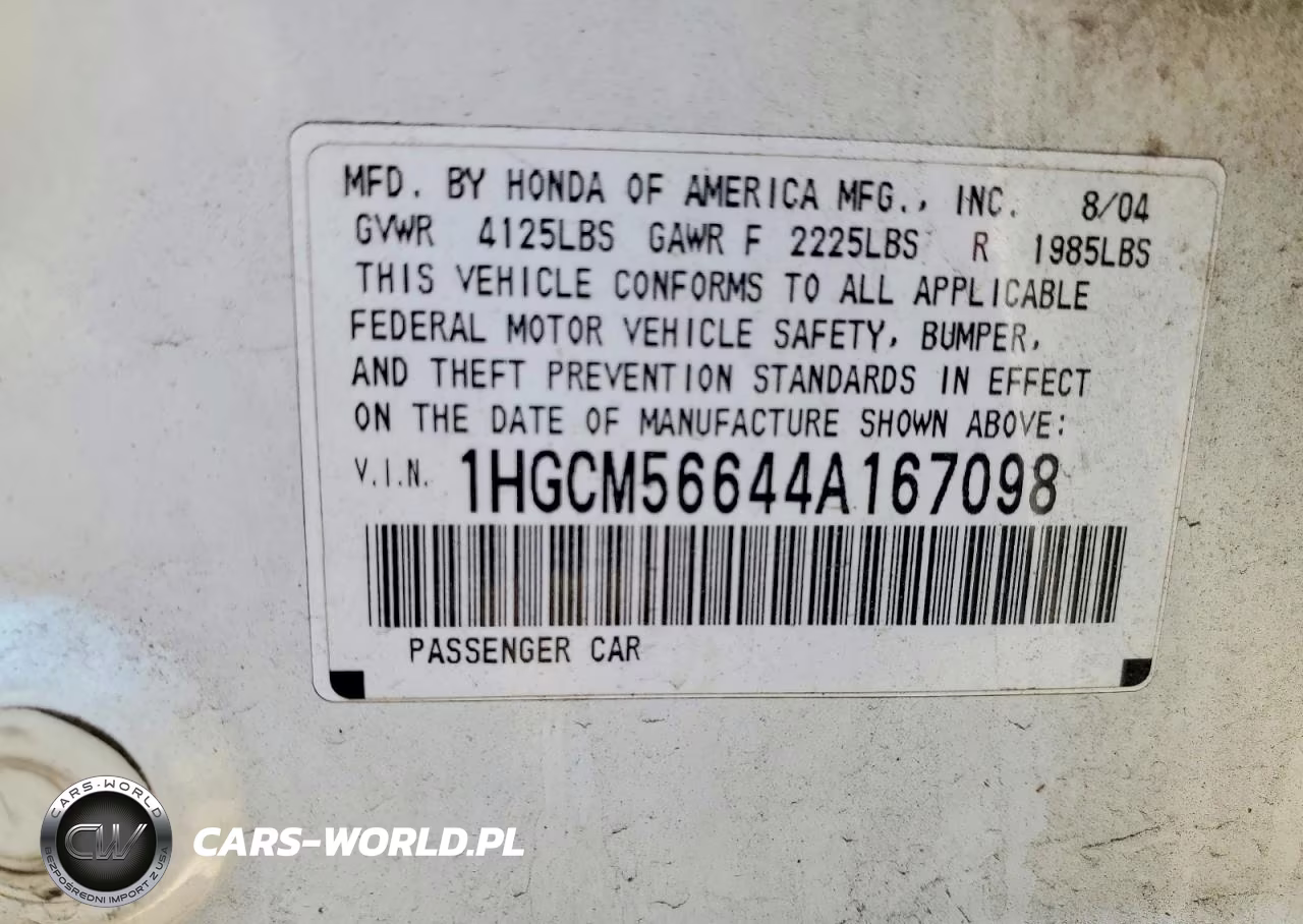 2004 HONDA ACCORD 2.4 EX VIN:1HGCM56644A167098 - 12