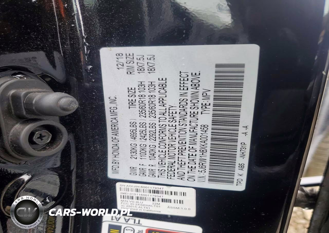 2019 Honda Cr-V Exl VIN:5J6RW1H8XKA001458 - 13