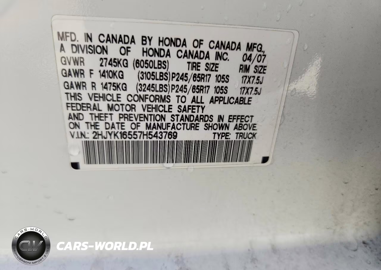 2007 Honda Ridgeline Rtl VIN:2HJYK16557H543769 - 12