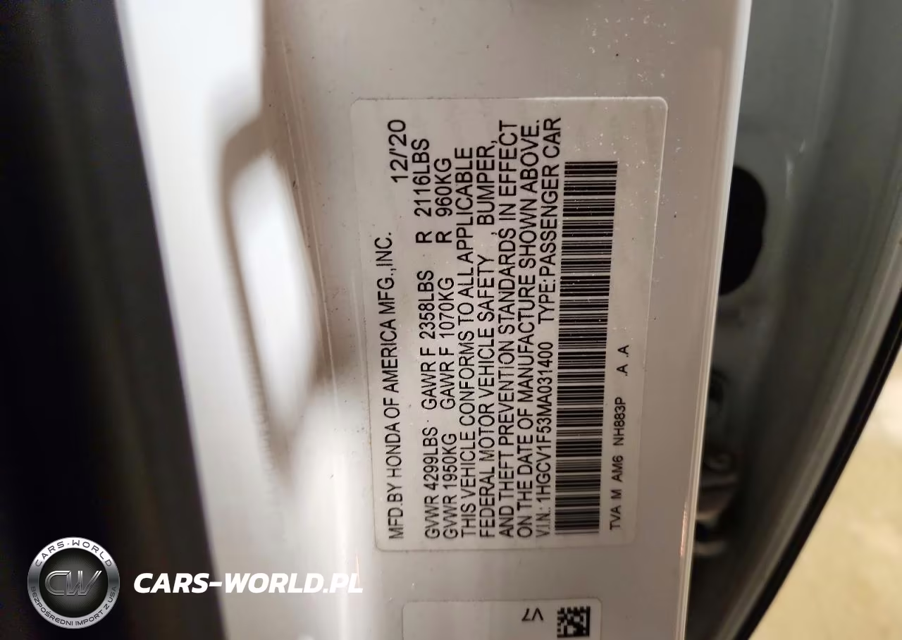 2021 Honda Accord Exl VIN:1HGCV1F53MA031400 - 12