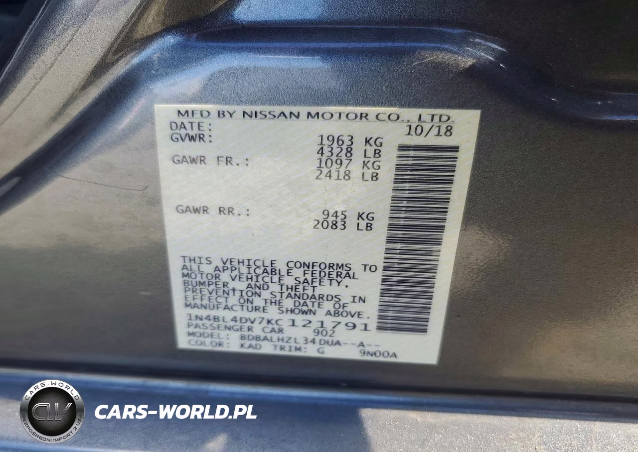 2019 Nissan Altima Sv VIN:1N4BL4DV7KC121791 - 12