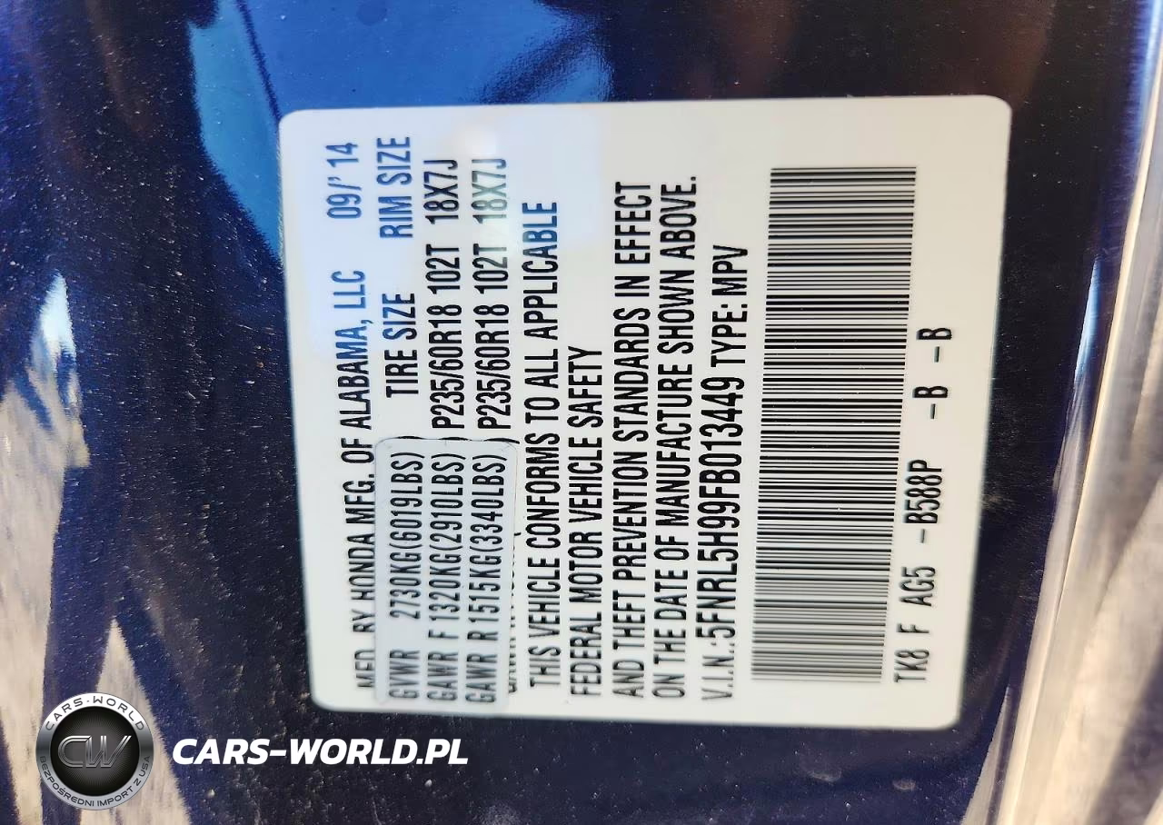 2015 Honda Odyssey Touring VIN:5FNRL5H99FB013449 - 13