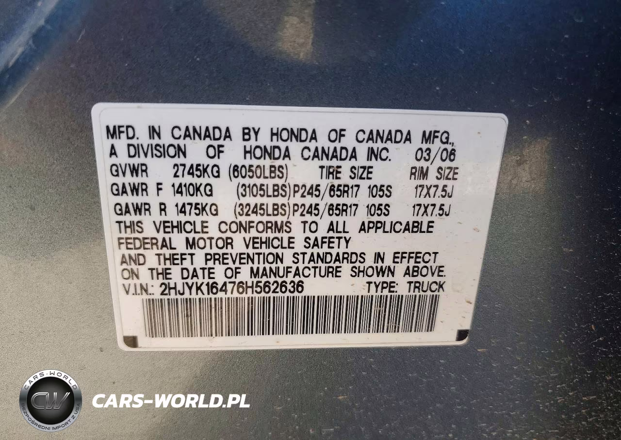 2006 Honda Ridgeline Rts VIN:2HJYK16476H562636 - 12