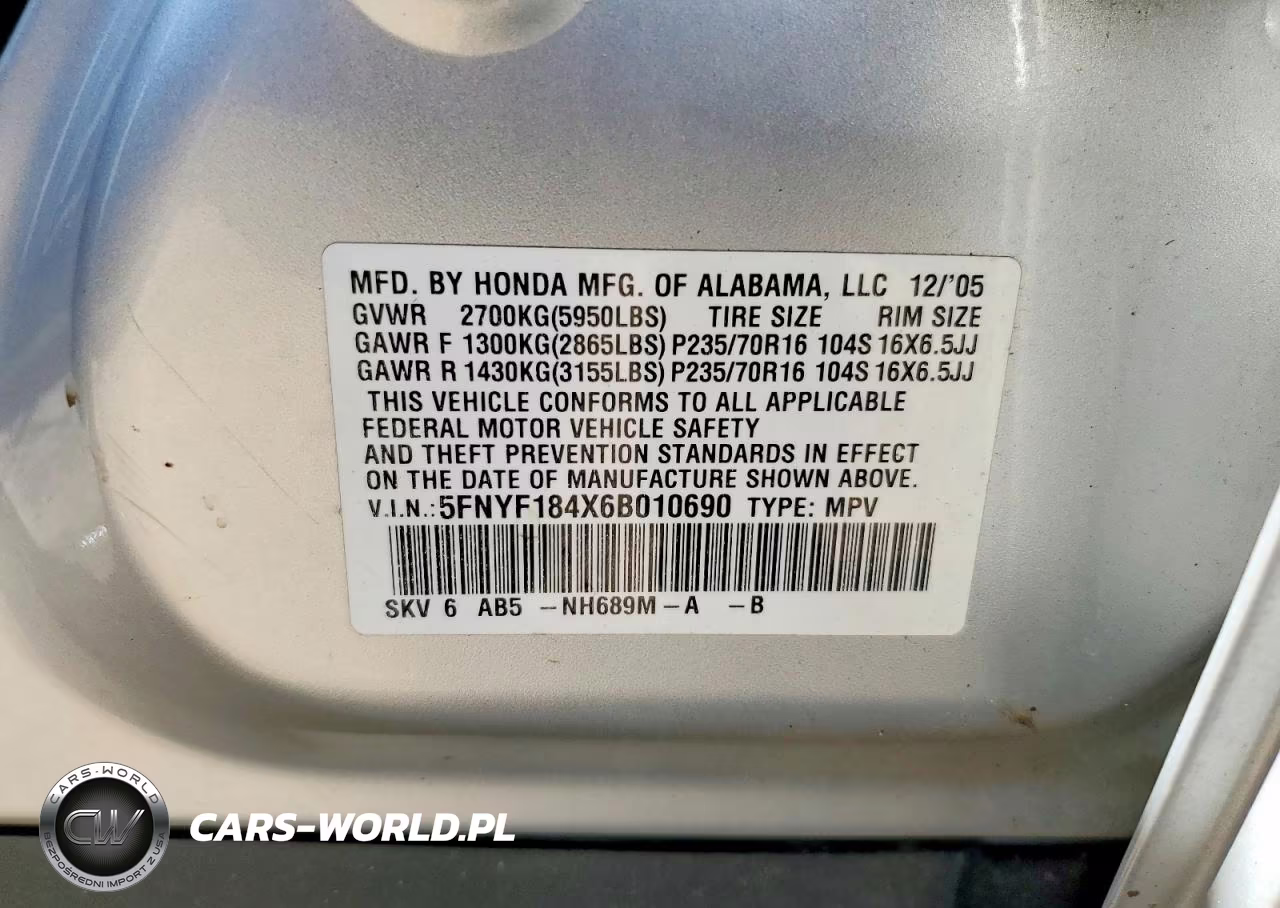 2006 Honda Pilot Ex VIN:5FNYF184X6B010690 - 12