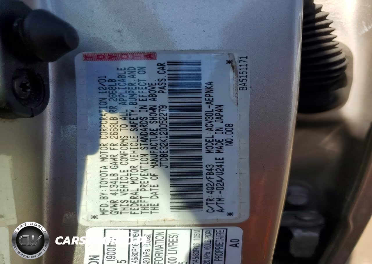 2002 Toyota Camry Le VIN:JTDBE32K120052279 - 12