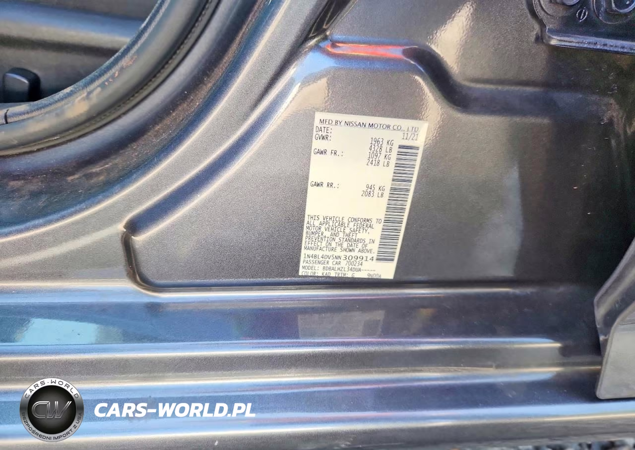 2022 Nissan Altima Sv VIN:1N4BL4DV5NN309914 - 12
