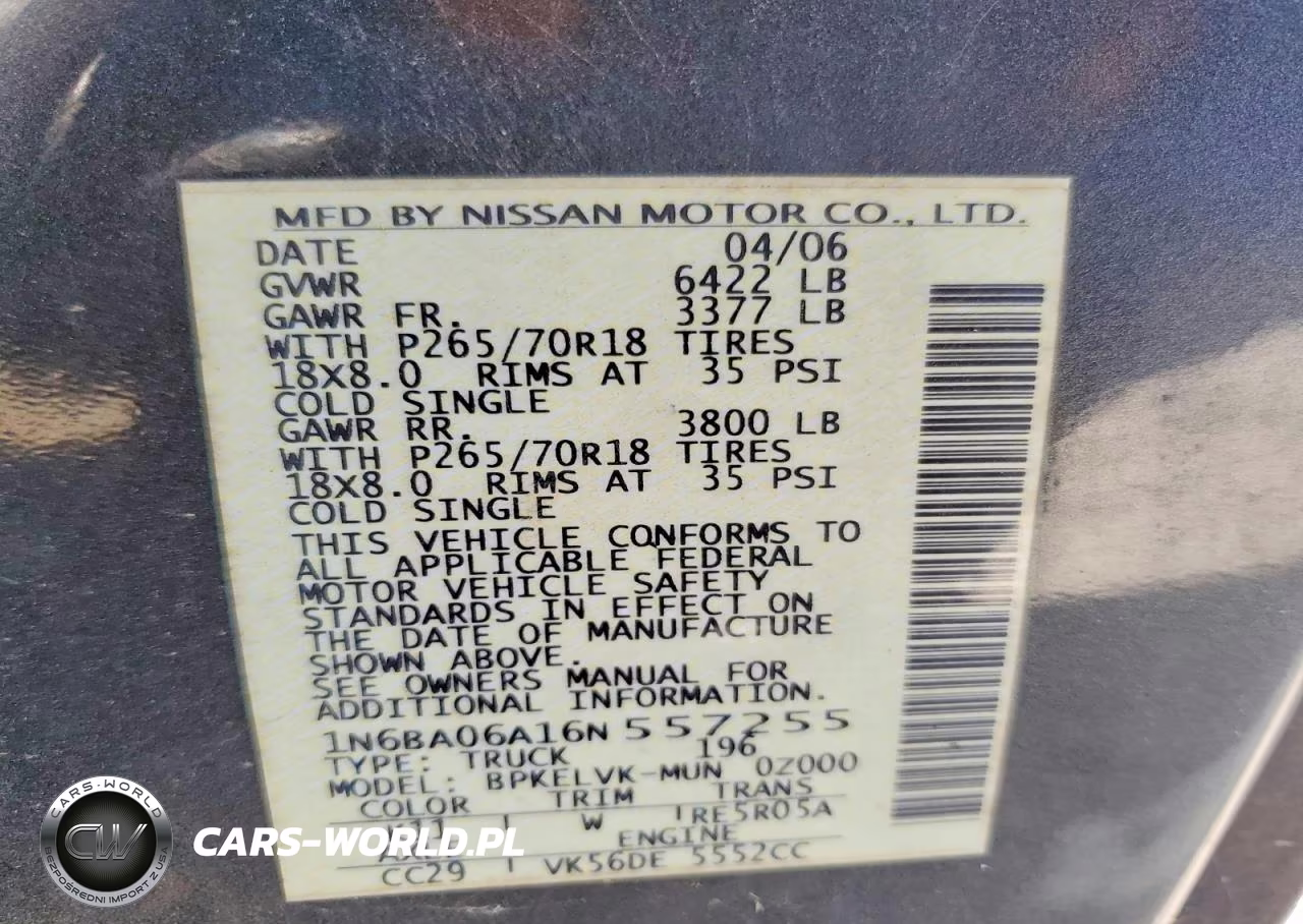 2006 Nissan Titan Xe Ffv VIN:1N6BA06A16N557255 - 13