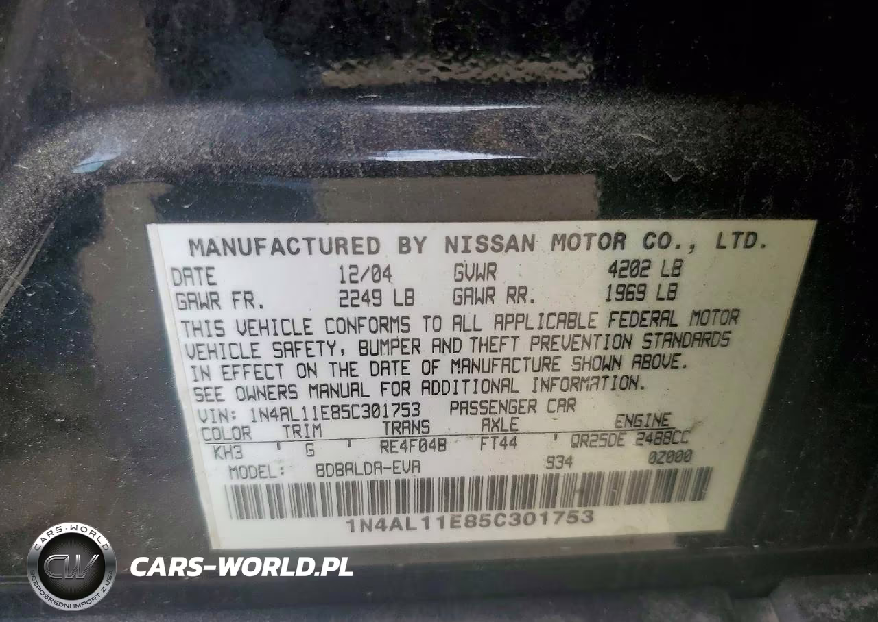 2005 Nissan Altima 2.5 VIN:1N4AL11E85C301753 - 12