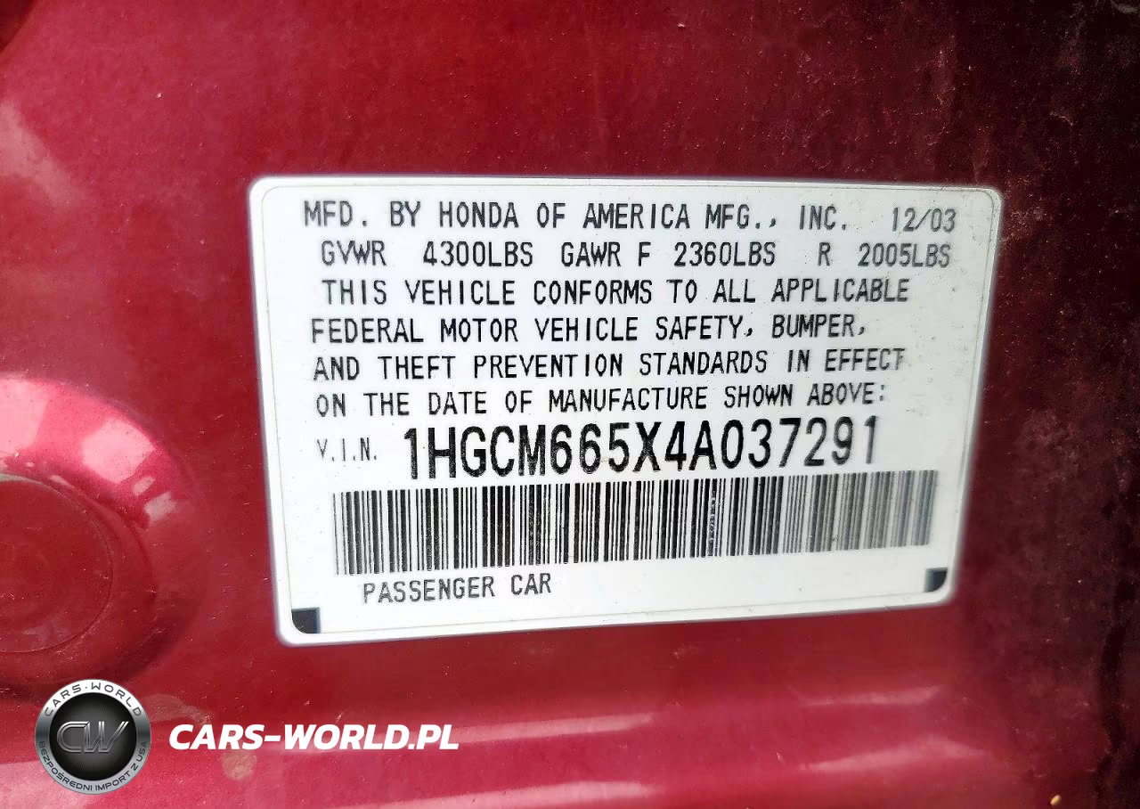 2004 Honda Accord Ex VIN:1HGCM665X4A037291 - 12