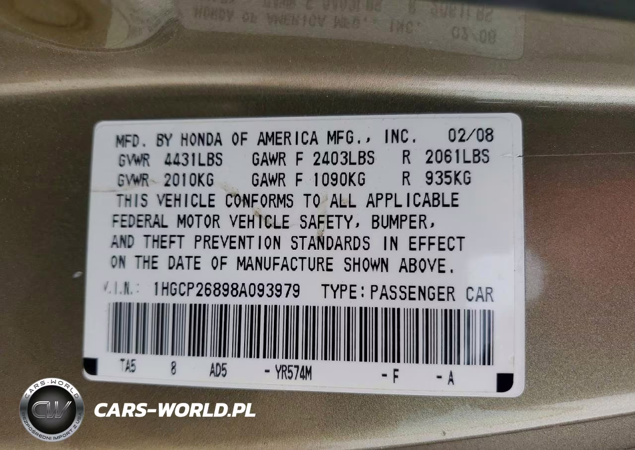 2008 Honda Accord Exl VIN:1HGCP26898A093979 - 12