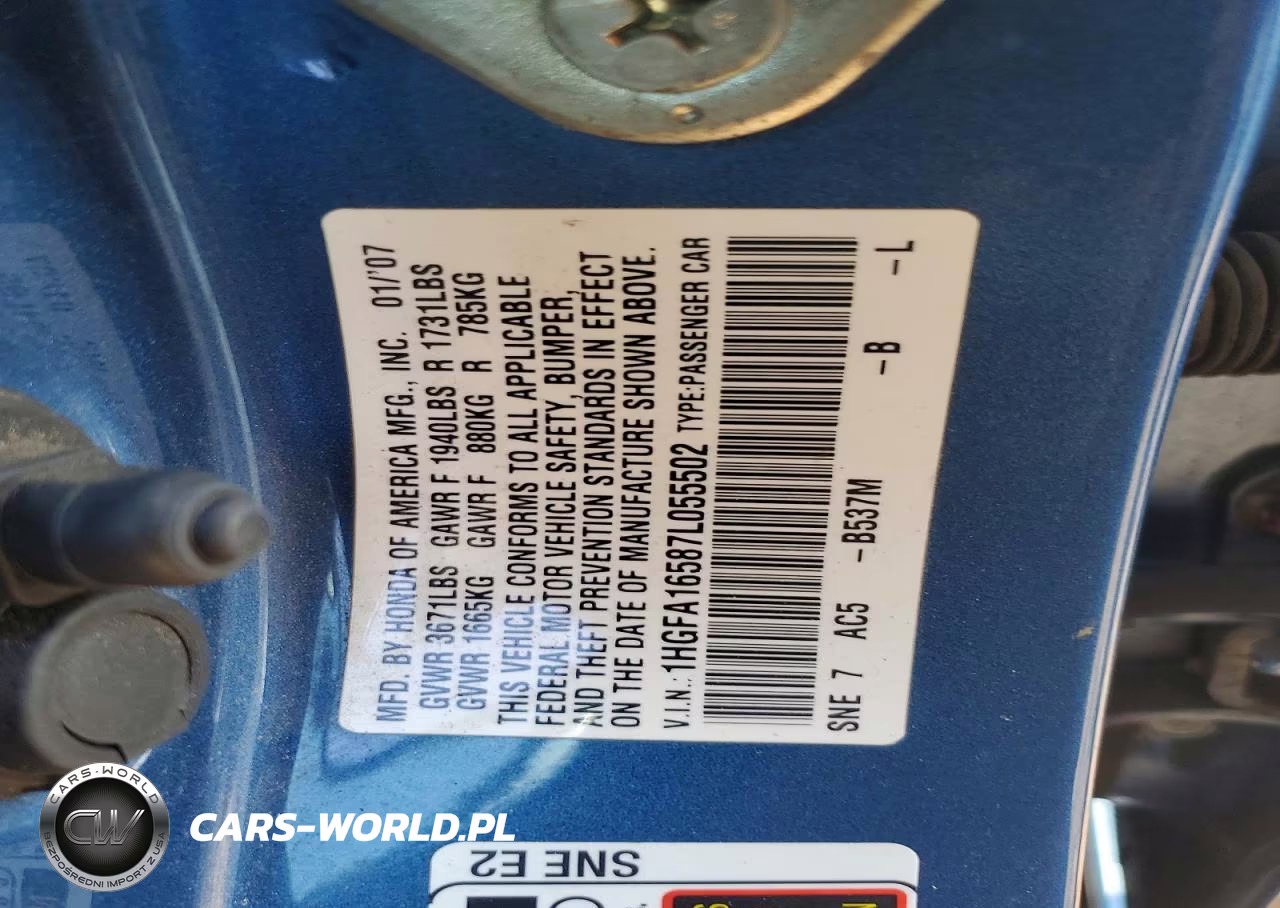 2007 Honda Civic Lx VIN:1HGFA16587L055502 - 12