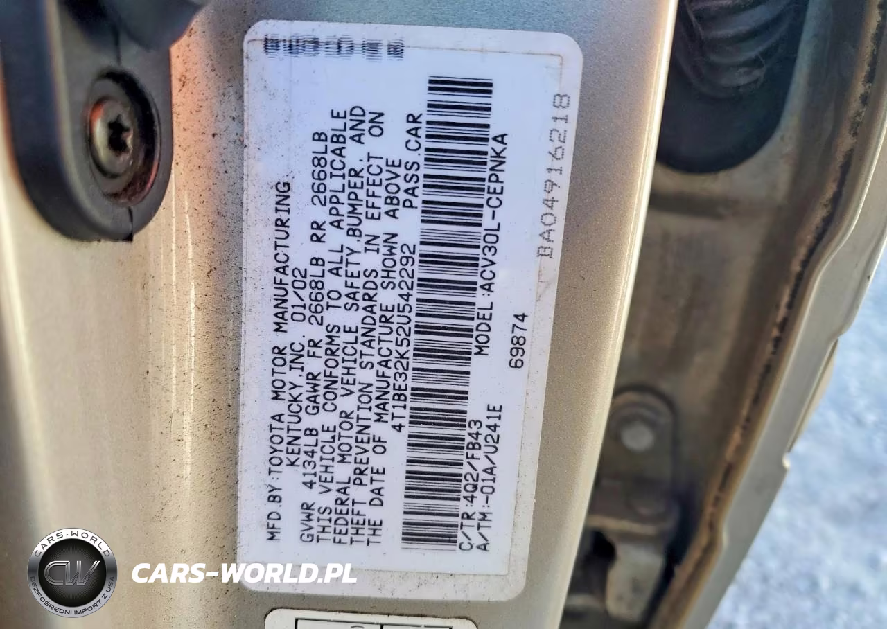 2002 Toyota Camry Le VIN:4T1BE32K52U542292 - 12