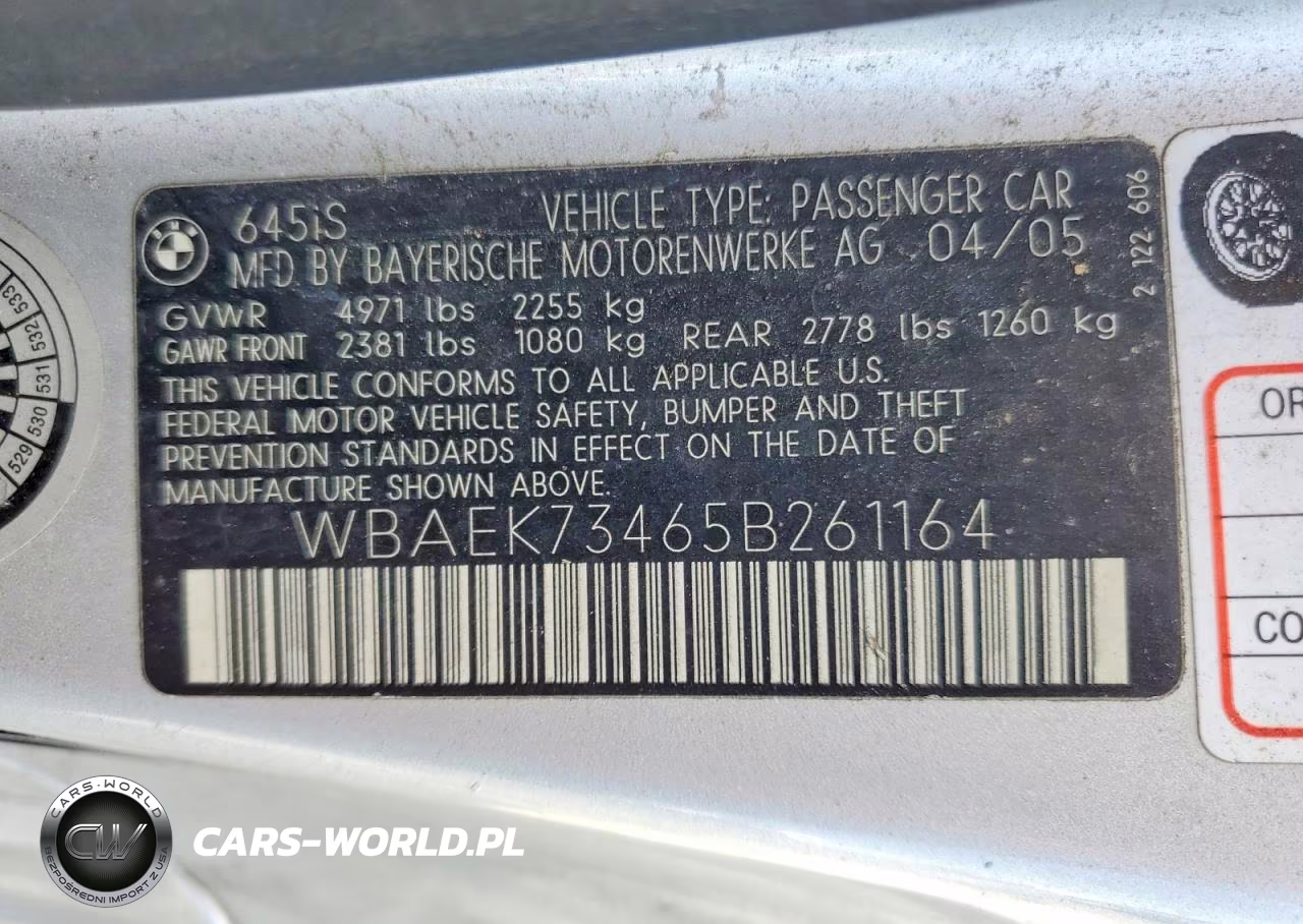2005 BMW 645 Ci Automatic VIN:WBAEK73465B261164 - 12