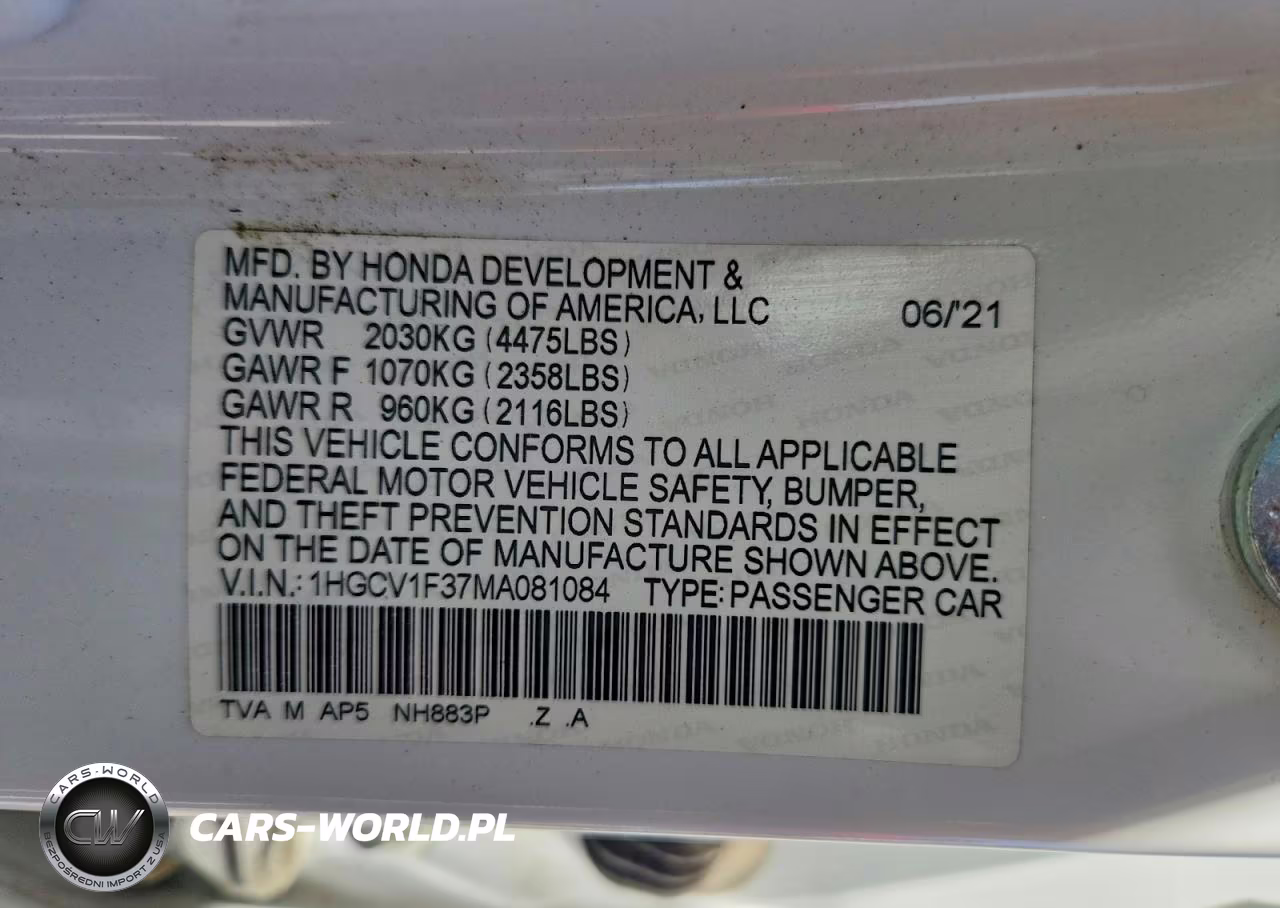 2021 Honda Accord Sport VIN:1HGCV1F37MA081084 - 12