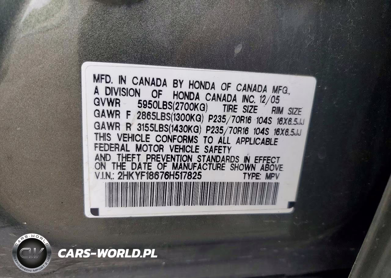 2006 Honda Pilot Ex VIN:2HKYF18676H517825 - 12