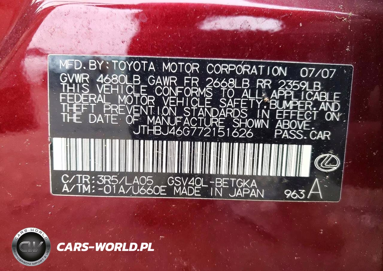 2007 Lexus Es 350 VIN:JTHBJ46G772151626 - 12