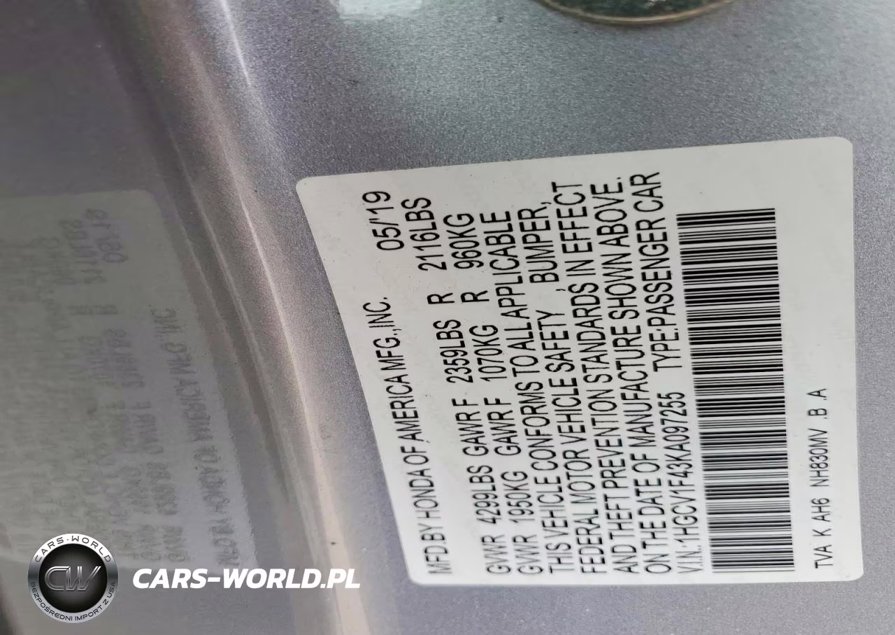 2019 Honda Accord Ex VIN:1HGCV1F43KA097255 - 12