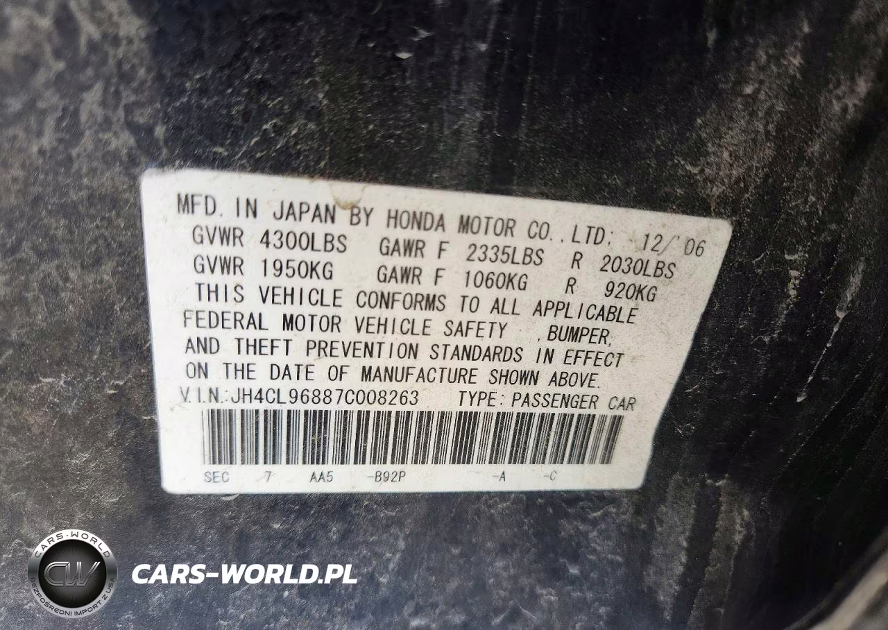 2007 Acura Tsx VIN:JH4CL96887C008263 - 12