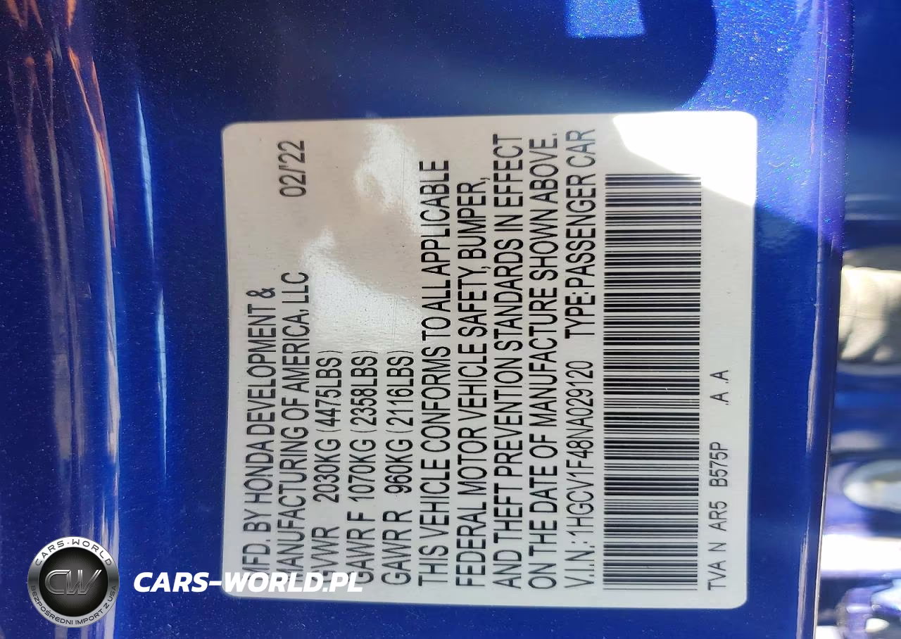 2022 Honda Accord Sport Se VIN:1HGCV1F48NA029120 - 12