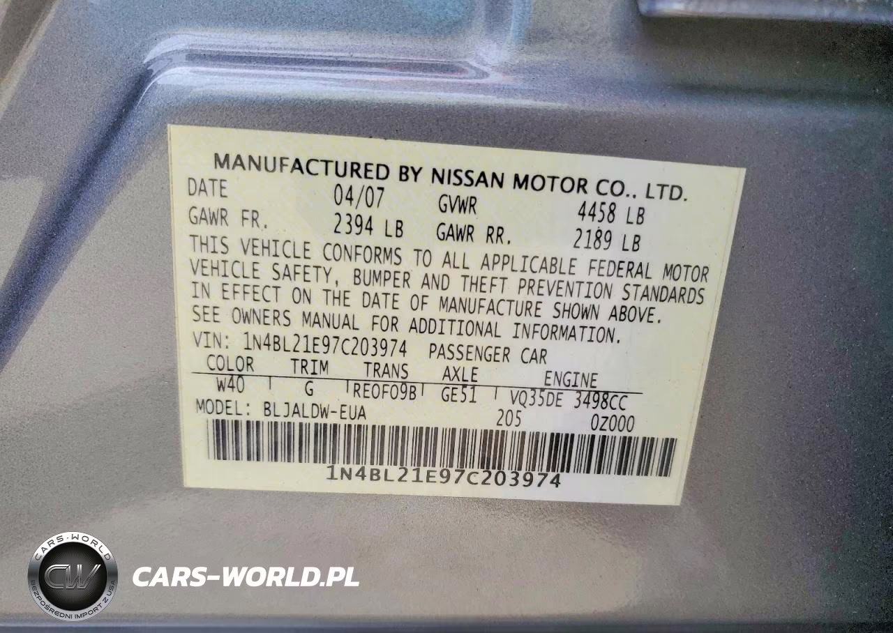 2007 Nissan Altima 3.5 Se VIN:1N4BL21E97C203974 - 12