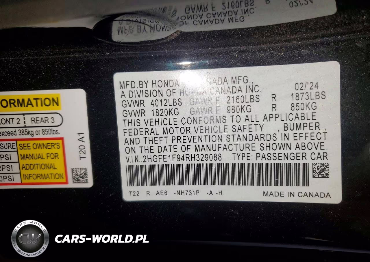 2024 Honda Civic Touring VIN:2HGFE1F94RH329088 - 13