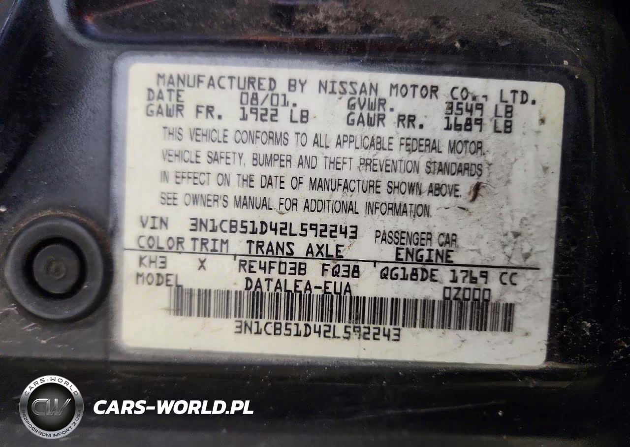 2002 Nissan Sentra Xe VIN:3N1CB51D42L592243 - 12