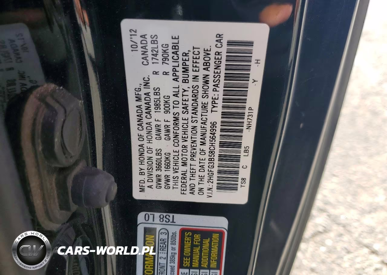 2012 Honda Civic Lx VIN:2HGFG3B58CH564996 - 13