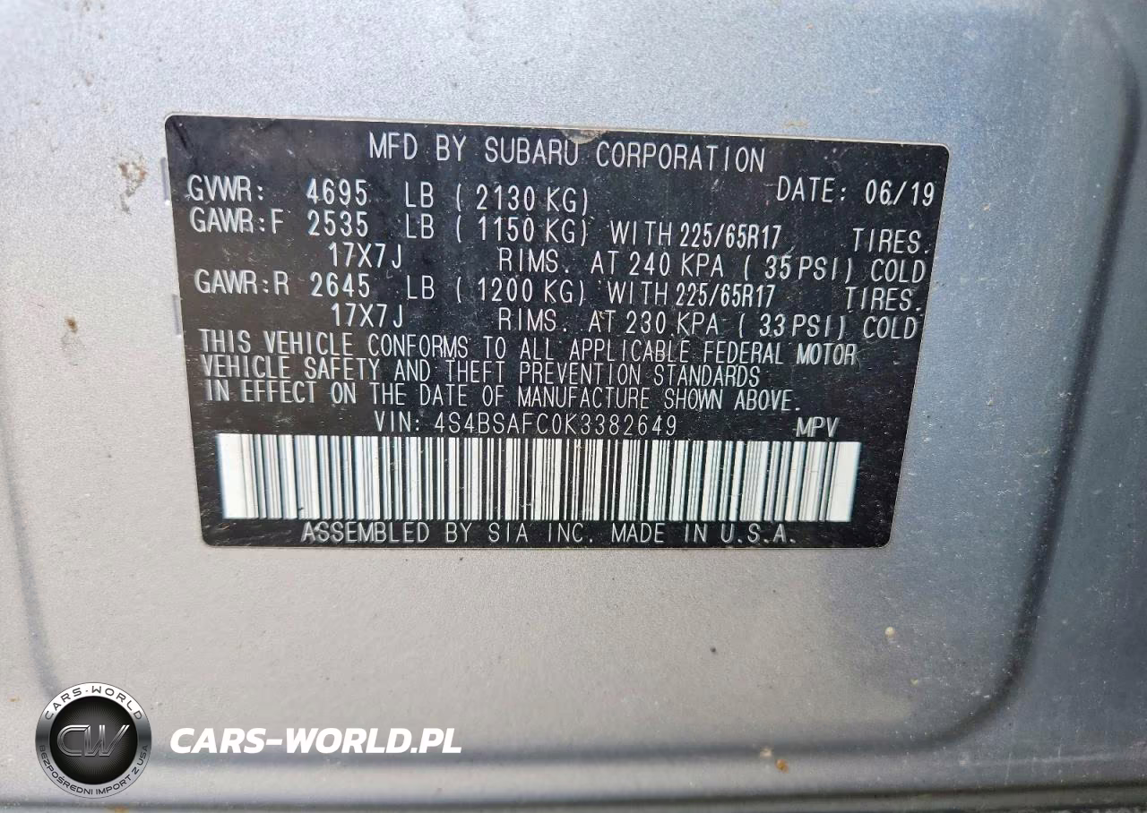 2019 Subaru Outback 2.5I Premium VIN:4S4BSAFC0K3382649 - 12