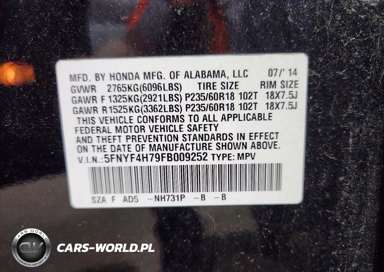 2015 Honda Pilot Exln VIN:5FNYF4H79FB009252 - 14