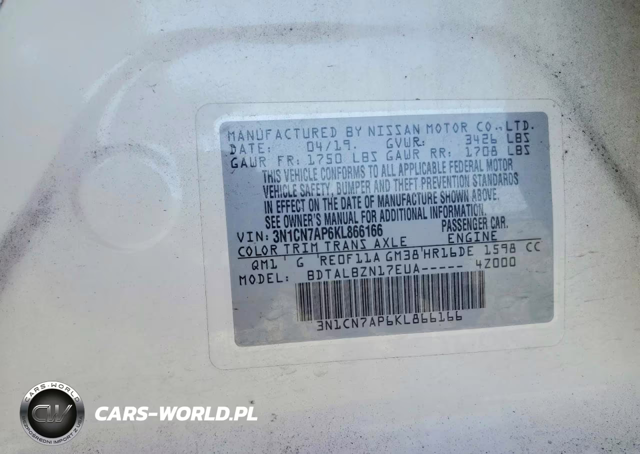 2019 Nissan Versa Sv VIN:3N1CN7AP6KL866166 - 12