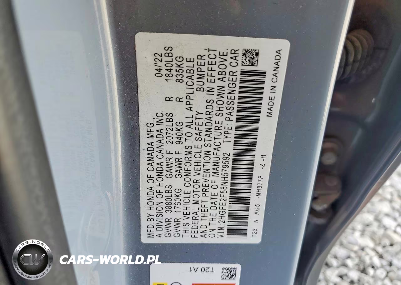2022 Honda Civic Sport VIN:2HGFE2F58NH579592 - 12