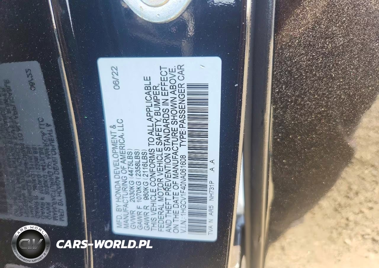 2022 Honda Accord Sport Se VIN:1HGCV1F40NA061608 - 12