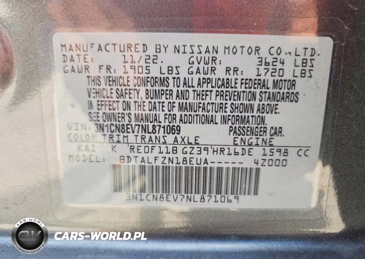 2022 Nissan Versa Sv VIN:3N1CN8EV7NL871069 - 12