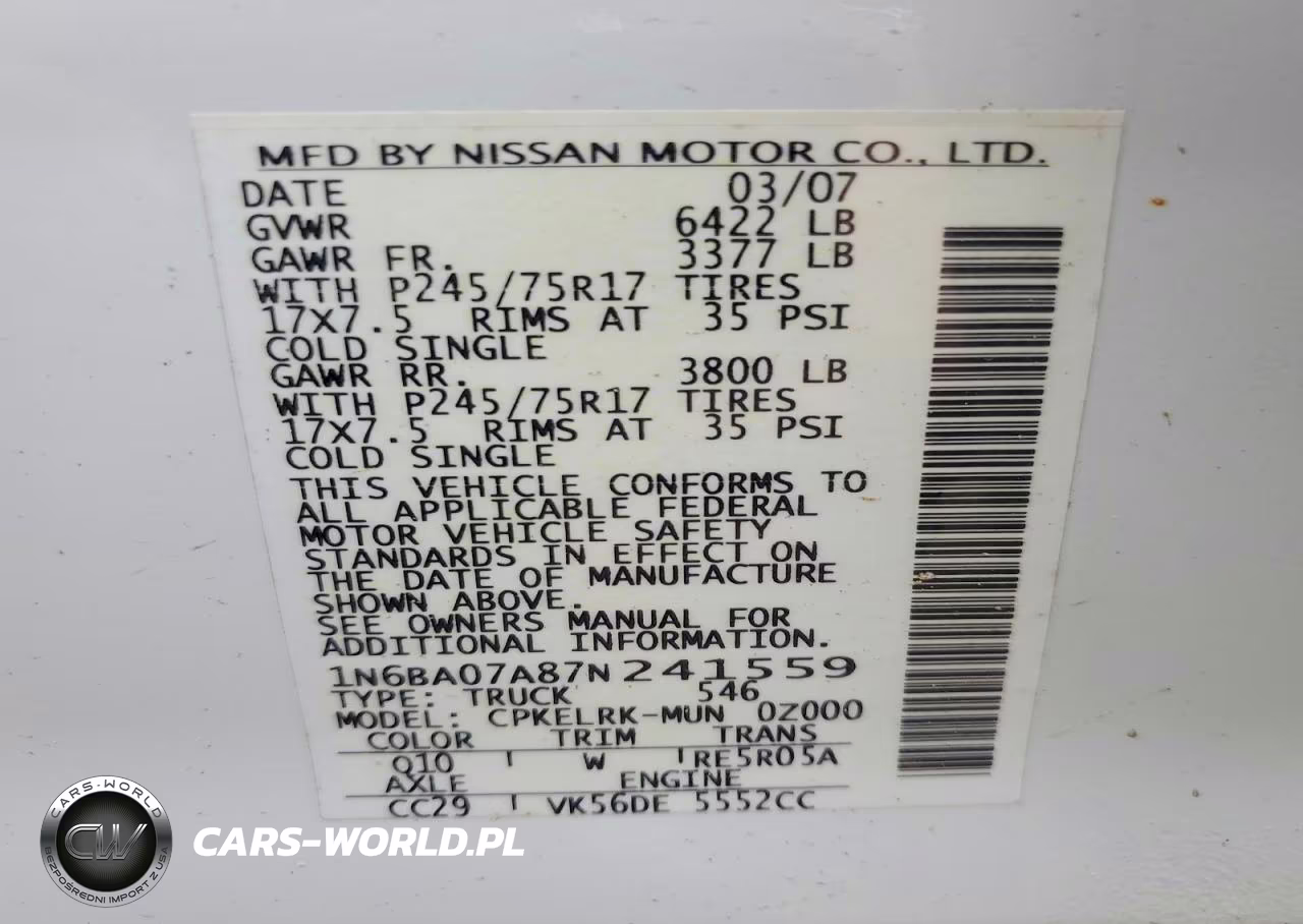 2007 Nissan Titan Xe Ffv VIN:1N6BA07A87N241559 - 12