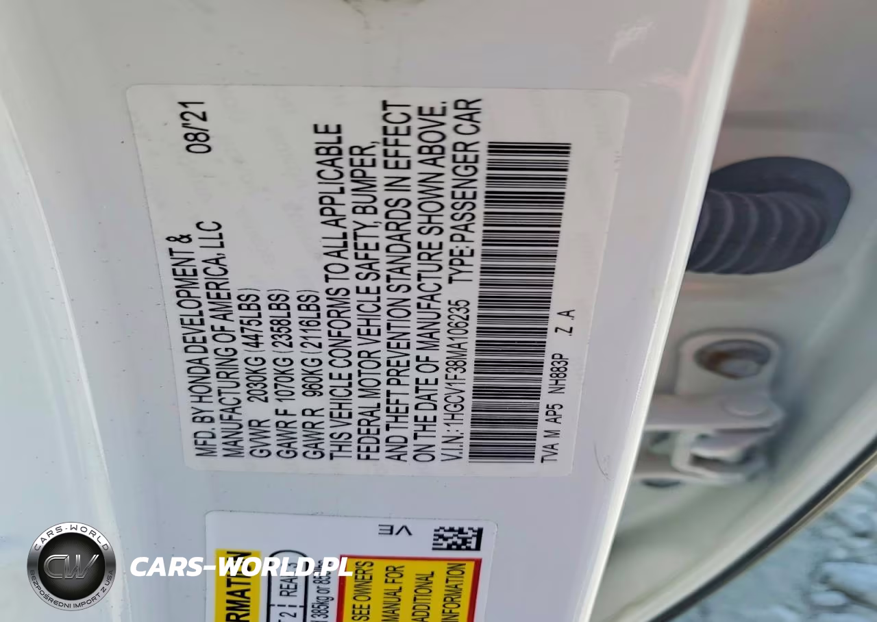 2021 Honda Accord Sport VIN:1HGCV1F38MA106235 - 12