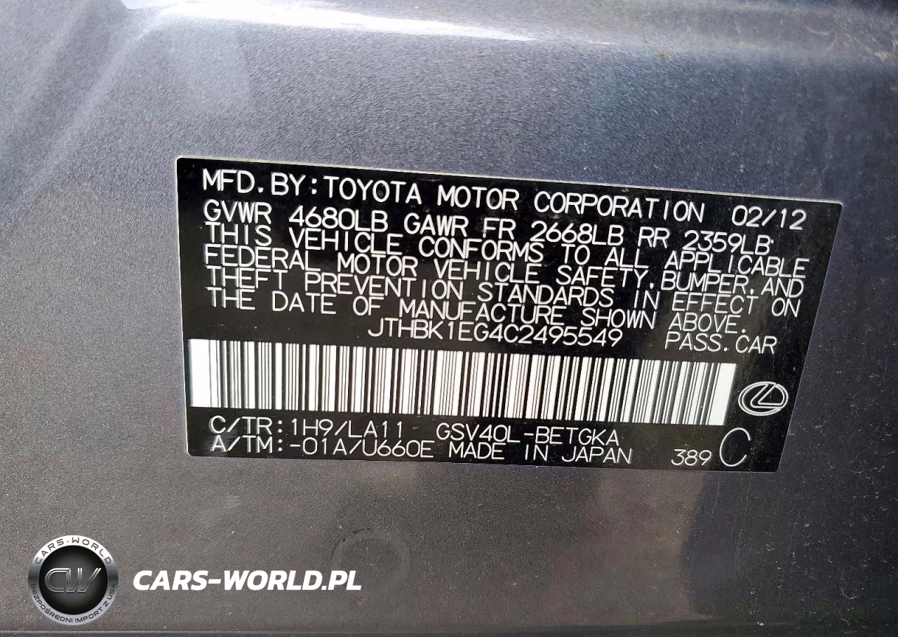 2012 Lexus Es 350 VIN:JTHBK1EG4C2495549 - 12