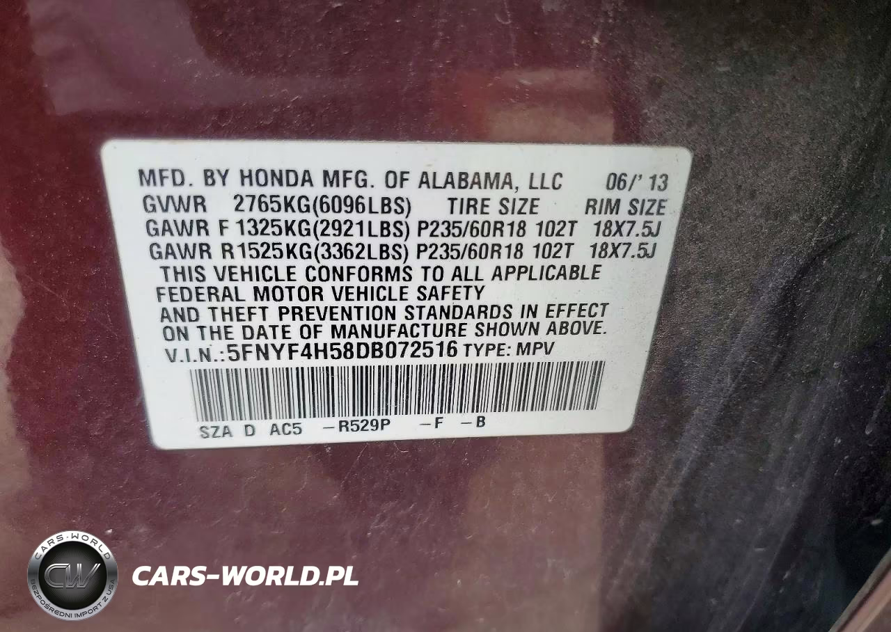 2013 Honda Pilot Exl VIN:5FNYF4H58DB072516 - 13