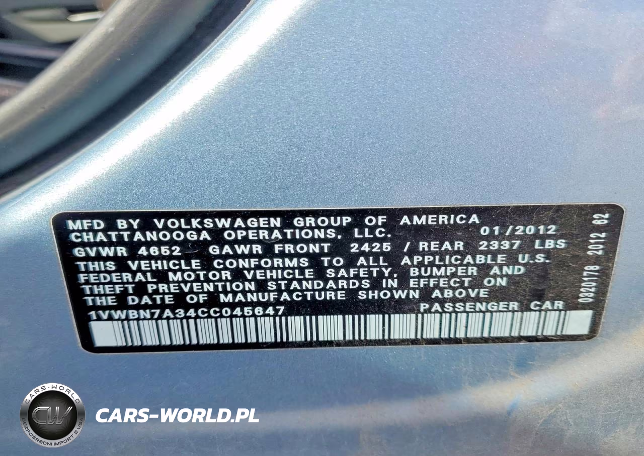 2012 Volkswagen Passat Se VIN:1VWBN7A34CC045647 - 12