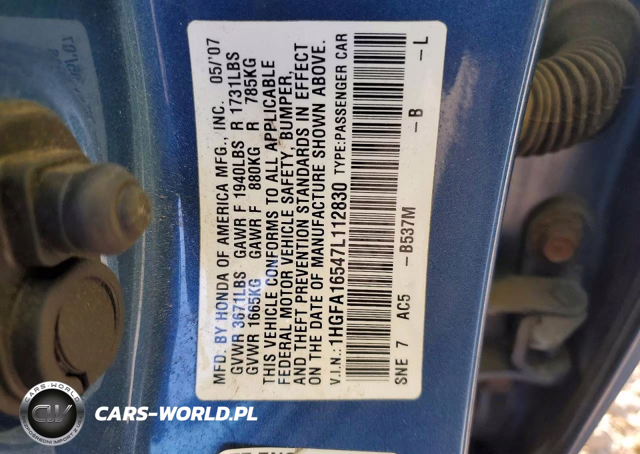 2007 Honda Civic Lx VIN:1HGFA16547L112830 - 13