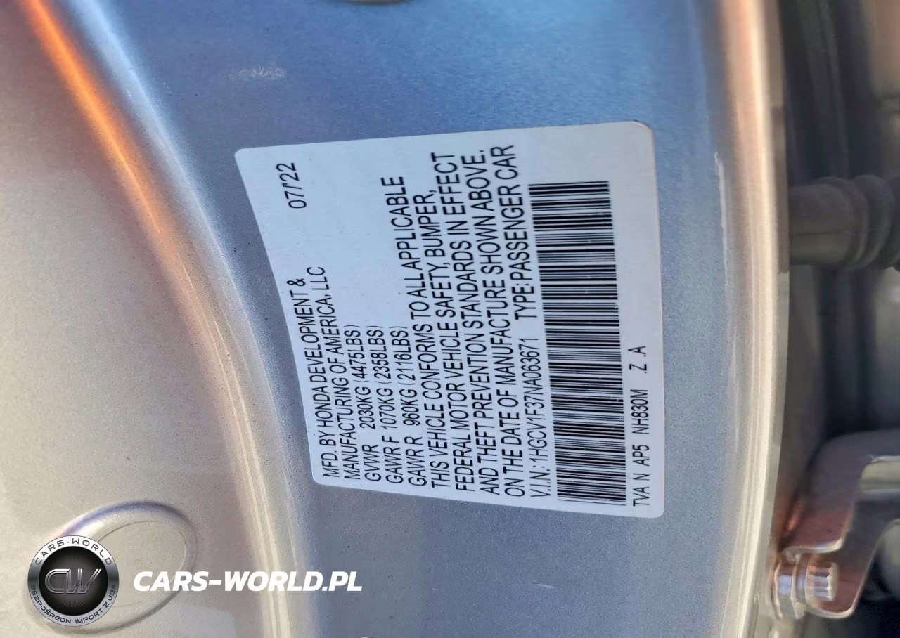 2022 Honda Accord Sport VIN:1HGCV1F37NA063671 - 12