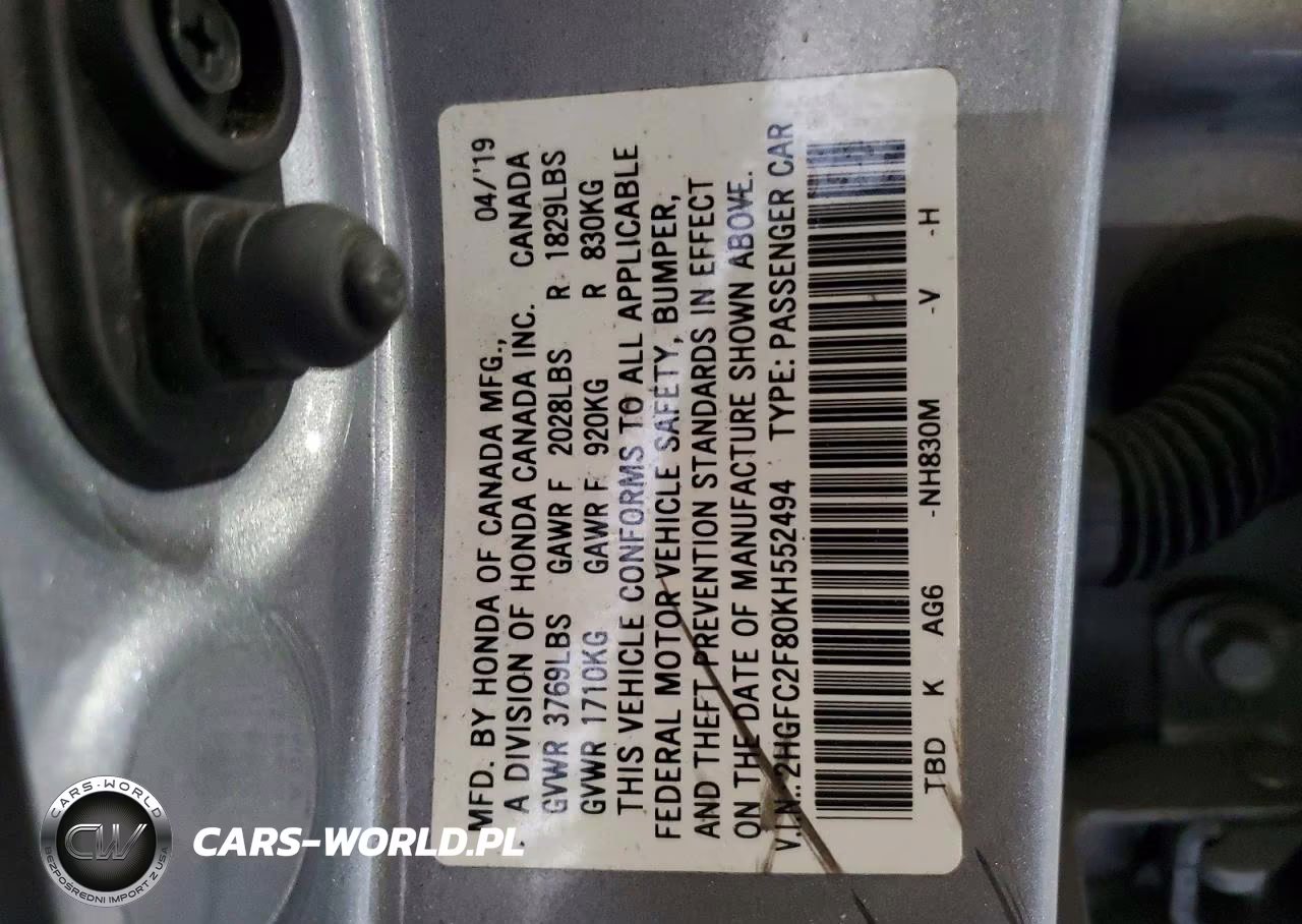 2019 Honda Civic Sport VIN:2HGFC2F80KH552494 - 12