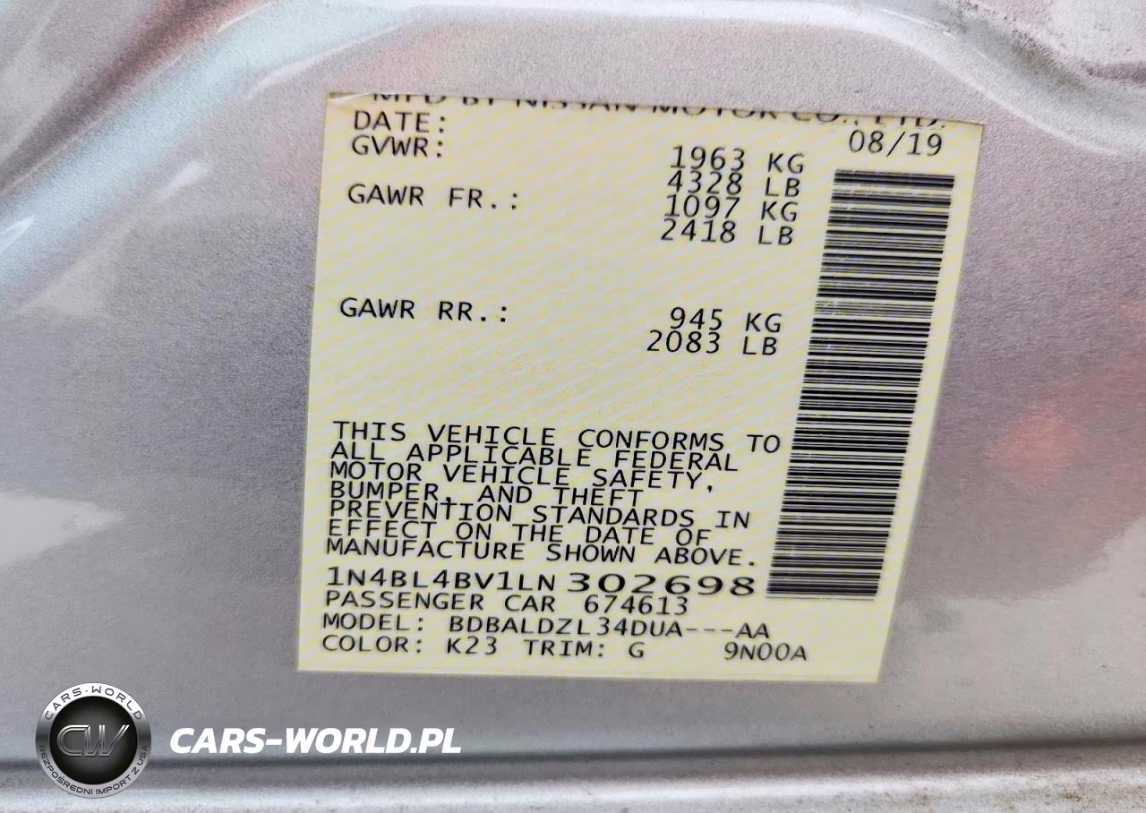 2020 Nissan Altima S VIN:1N4BL4BV1LN302698 - 13