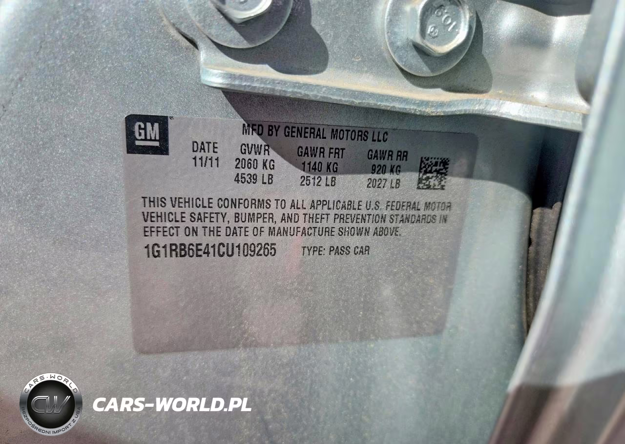 2012 Chev Volt VIN:1G1RB6E41CU109265 - 12