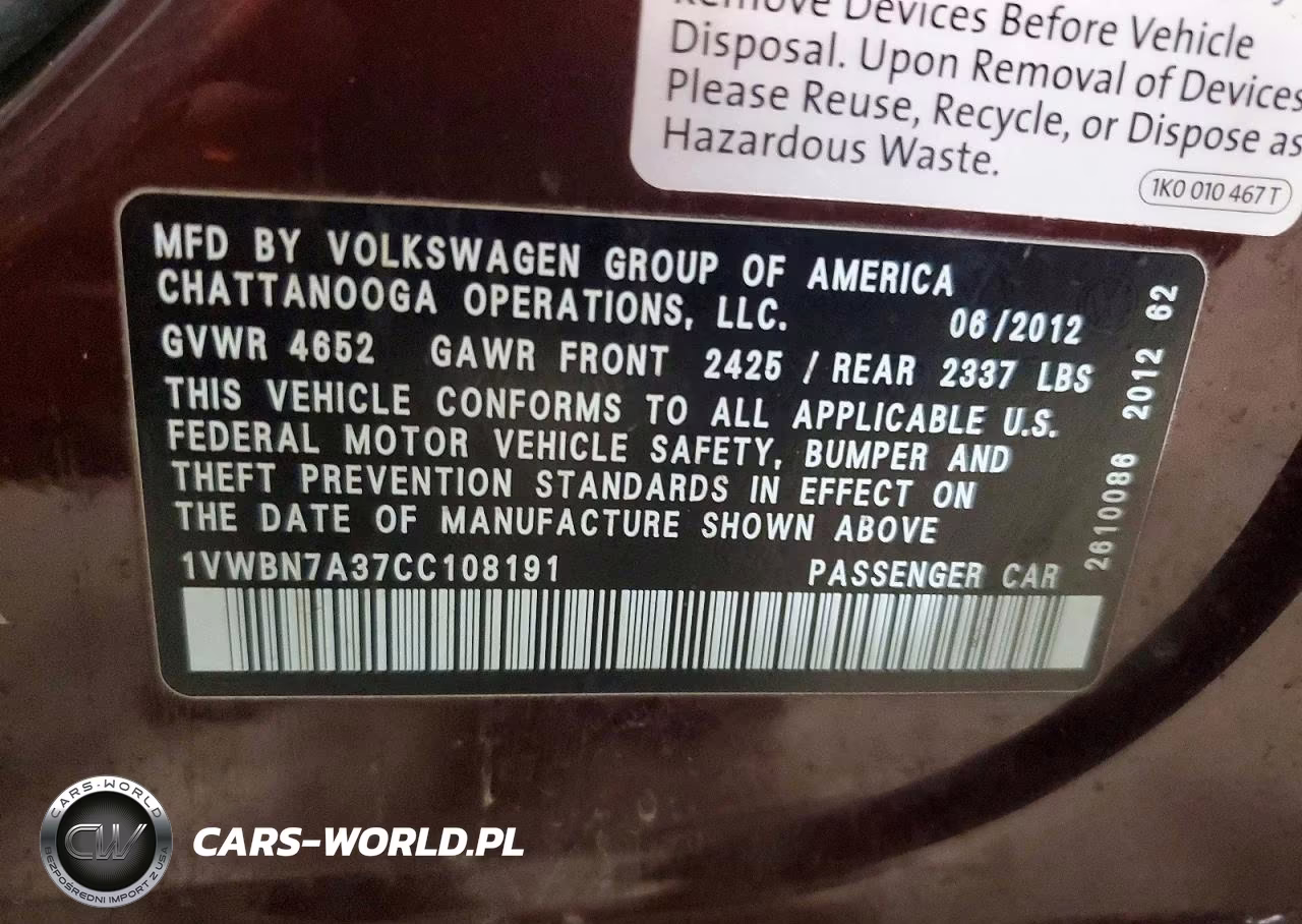 2012 Volkswagen Passat Se VIN:1VWBN7A37CC108191 - 13