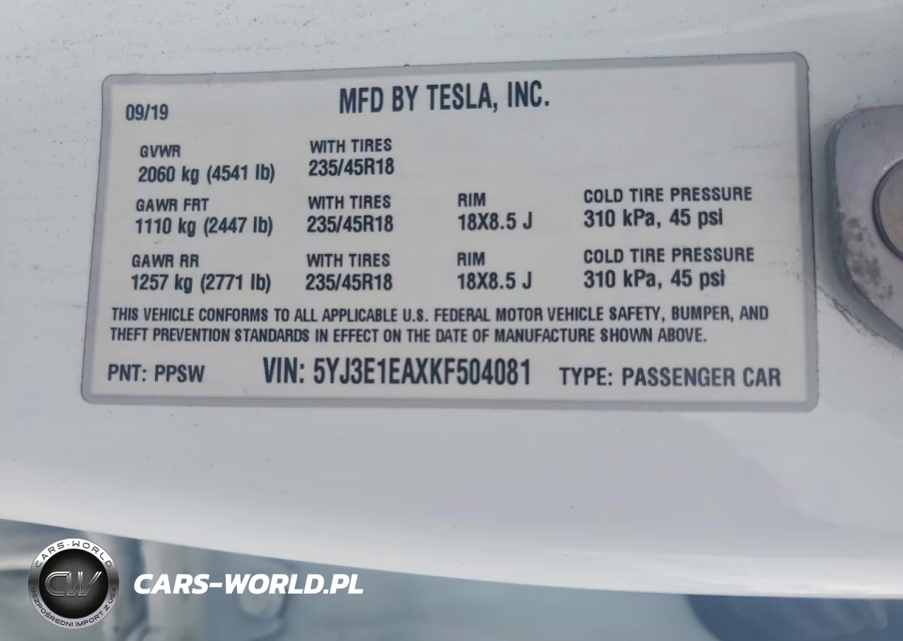 2019 Tesla Model 3 VIN:5YJ3E1EAXKF504081 - 12